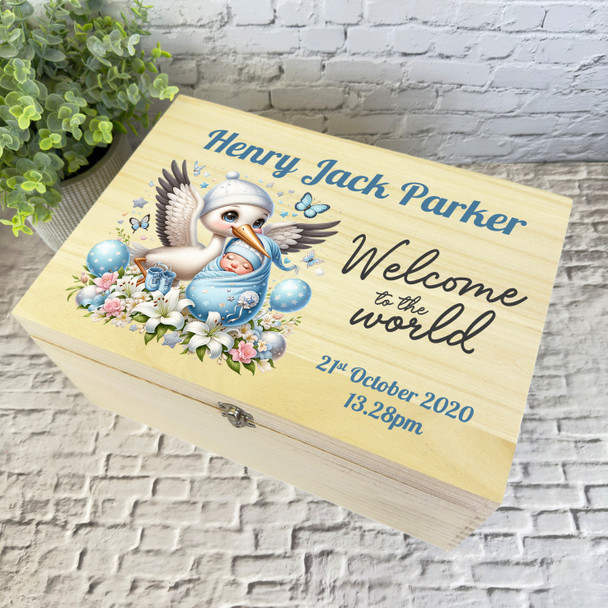 Blue Floral Stork Welcome New Baby Boy Personalised Wooden Memory Keepsake Box