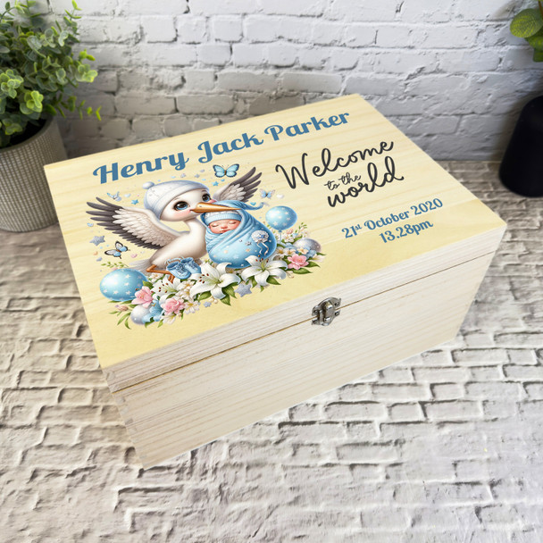 Blue Floral Stork Welcome New Baby Boy Personalised Wooden Memory Keepsake Box