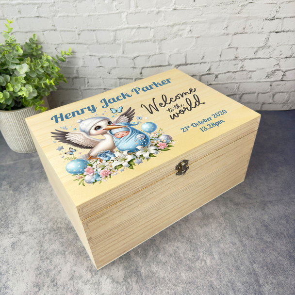 Blue Floral Stork Welcome New Baby Boy Personalised Wooden Memory Keepsake Box