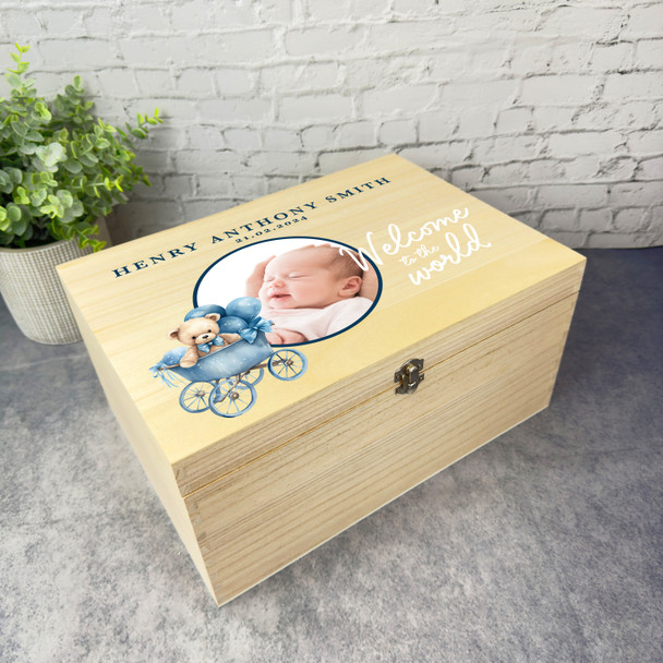 Blue Teddy Bear In Pram Photo New Baby Personalised Wooden Memory Keepsake Box