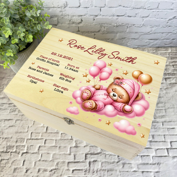 Sleeping Pink Teddy Bear New Baby Girl Personalised Wooden Memory Keepsake Box