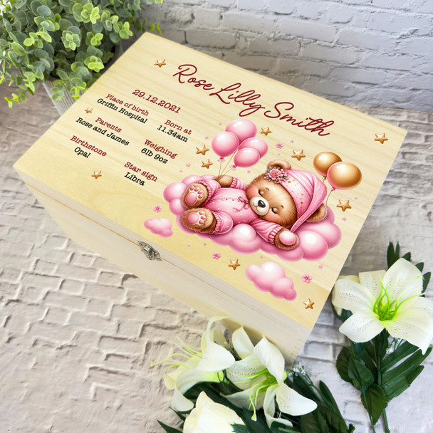 Sleeping Pink Teddy Bear New Baby Girl Personalised Wooden Memory Keepsake Box