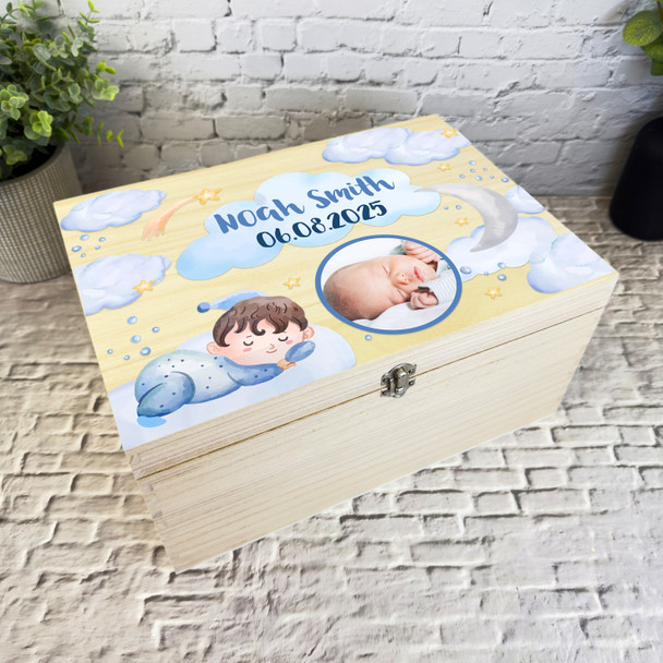 Baby Boy Sleeping Photo Blue Clouds New Baby Personalised Wooden Keepsake Box