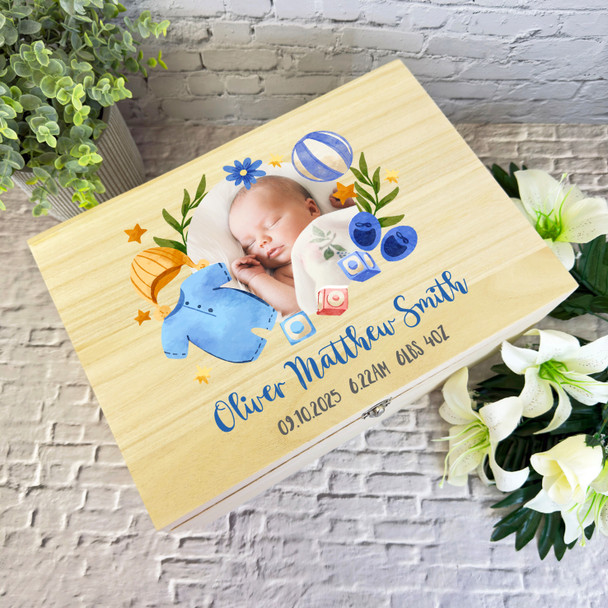 Photo Details Blue Floral Photo New Baby Boy Personalised Wooden Keepsake Box