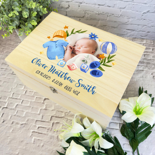 Photo Details Blue Floral Photo New Baby Boy Personalised Wooden Keepsake Box