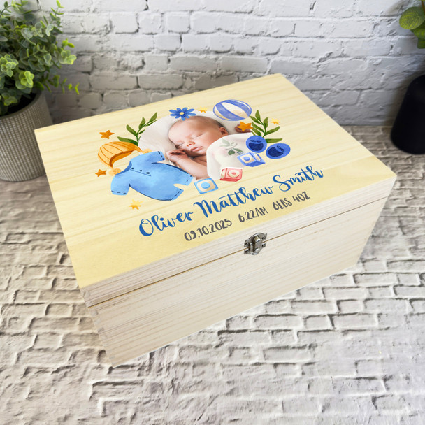 Photo Details Blue Floral Photo New Baby Boy Personalised Wooden Keepsake Box