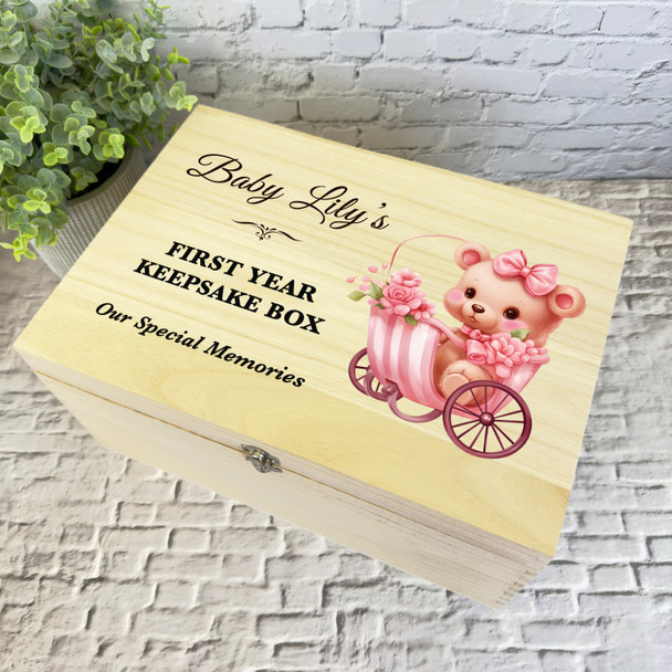 Teddy Baby Carriage First Year Memories Kids Personalised Wooden Keepsake Box