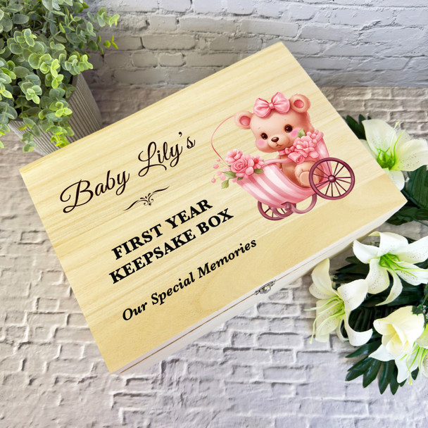 Teddy Baby Carriage First Year Memories Kids Personalised Wooden Keepsake Box