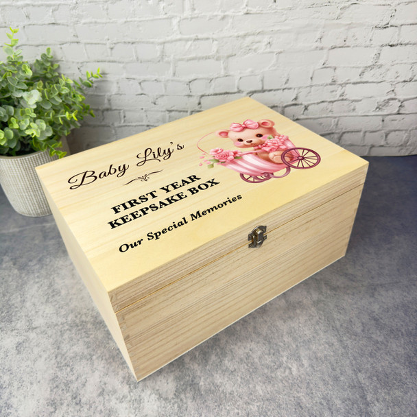 Teddy Baby Carriage First Year Memories Kids Personalised Wooden Keepsake Box