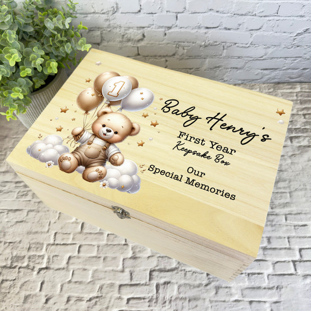 Teddy Balloons Stars 1st First Year Memories Personalised Wooden Keepsake Box