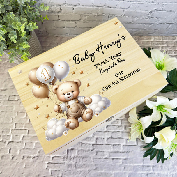 Teddy Balloons Stars 1st First Year Memories Personalised Wooden Keepsake Box