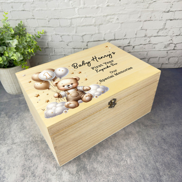 Teddy Balloons Stars 1st First Year Memories Personalised Wooden Keepsake Box