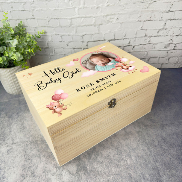 Teddy Bears Round Hearts Photo New Baby Girl Personalised Wooden Keepsake Box