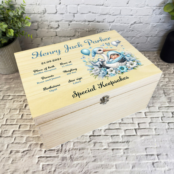 Blue White Stork Birth Details New Baby Boy Personalised Wooden Keepsake Box