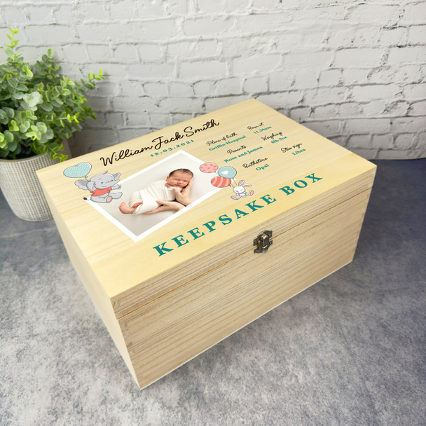 Elephant Bunny Birth Details Photo New Baby Personalised Wooden Keepsake Box