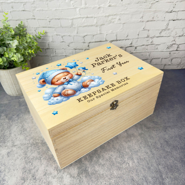 Happy Blue Teddy Bear Boys Stars First Year Personalised Wooden Keepsake Box