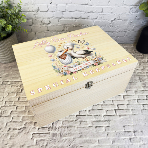 Peach Stork Holding Dark Skin New Baby Girl Personalised Wooden Keepsake Box