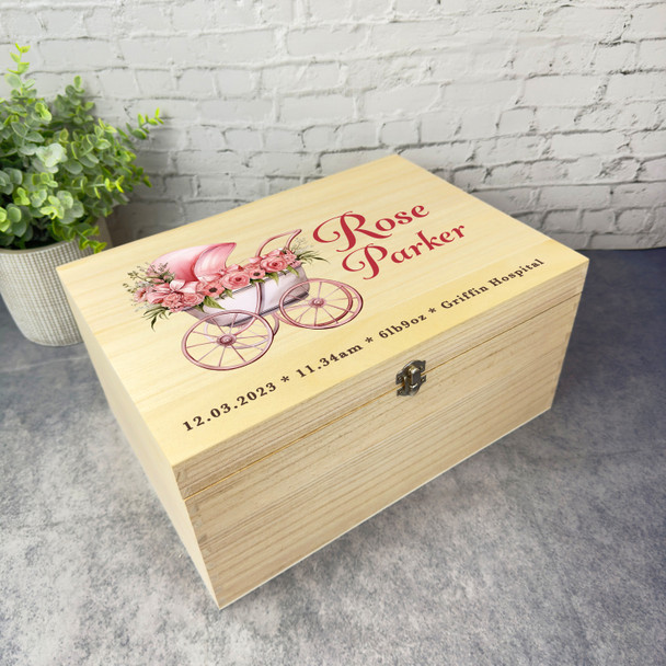 Pink Vintage Floral Baby Pram New Baby Girl Personalised Wooden Keepsake Box