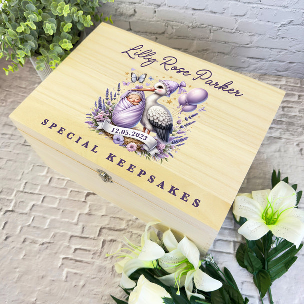 Purple Balloons Stork Holding Baby New Baby Personalised Wooden Keepsake Box