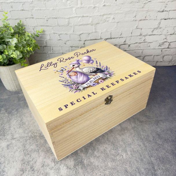 Purple Balloons Stork Holding Baby New Baby Personalised Wooden Keepsake Box