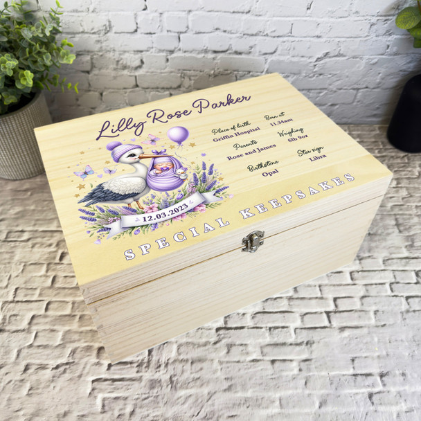 Purple Butterflies Stork Baby Girl New Baby Personalised Wooden Keepsake Box