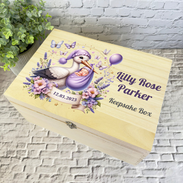 Purple Stork Butterflies Baby New Baby Girl Personalised Wooden Keepsake Box