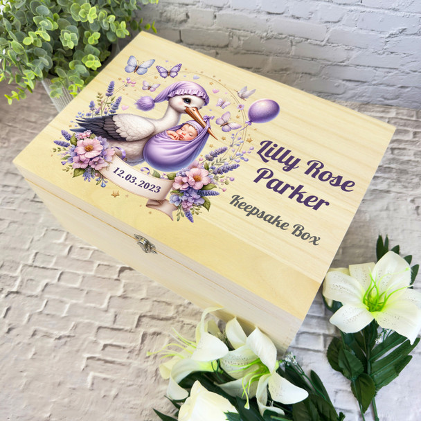 Purple Stork Butterflies Baby New Baby Girl Personalised Wooden Keepsake Box