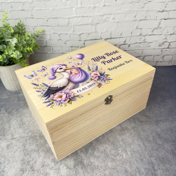 Purple Stork Butterflies Baby New Baby Girl Personalised Wooden Keepsake Box