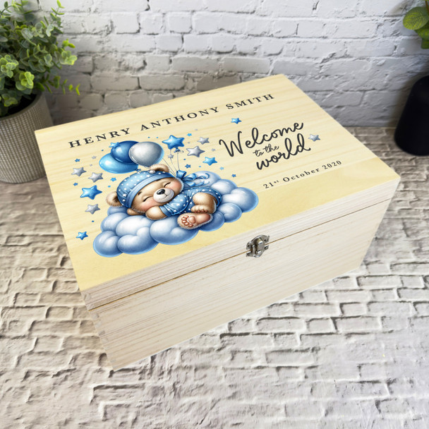 Sleeping Blue Teddy Bear Stars Boy New Baby Personalised Wooden Keepsake Box