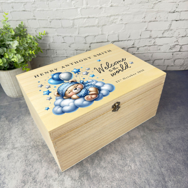 Sleeping Blue Teddy Bear Stars Boy New Baby Personalised Wooden Keepsake Box