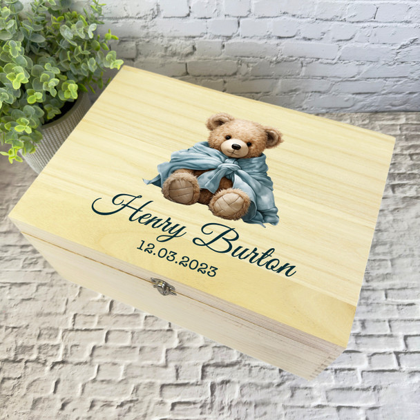 Teddy Bear Wrapped In Blue Blanket New Baby Personalised Wooden Keepsake Box