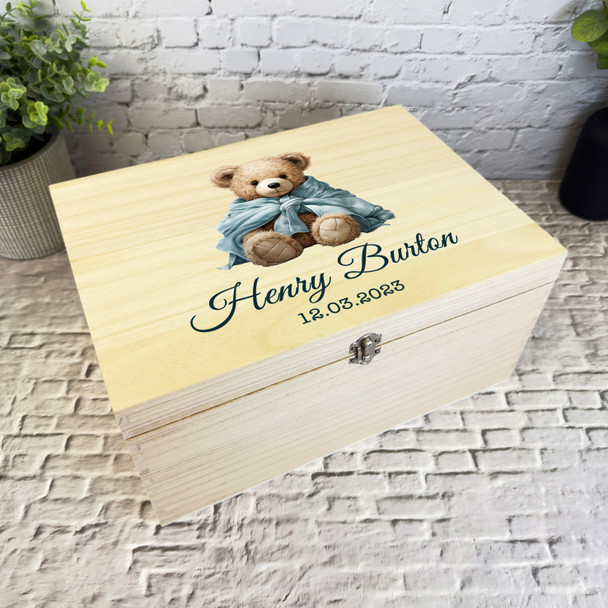 Teddy Bear Wrapped In Blue Blanket New Baby Personalised Wooden Keepsake Box