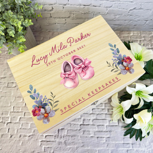 Watercolour Floral Pink Baby Shoes New Baby Personalised Wooden Keepsake Box