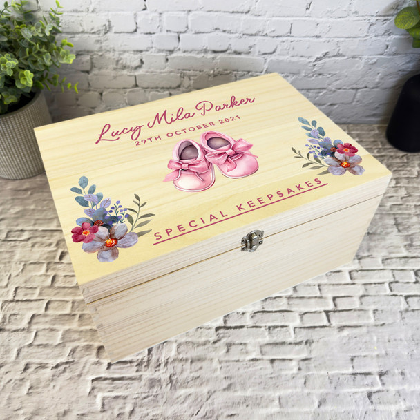 Watercolour Floral Pink Baby Shoes New Baby Personalised Wooden Keepsake Box