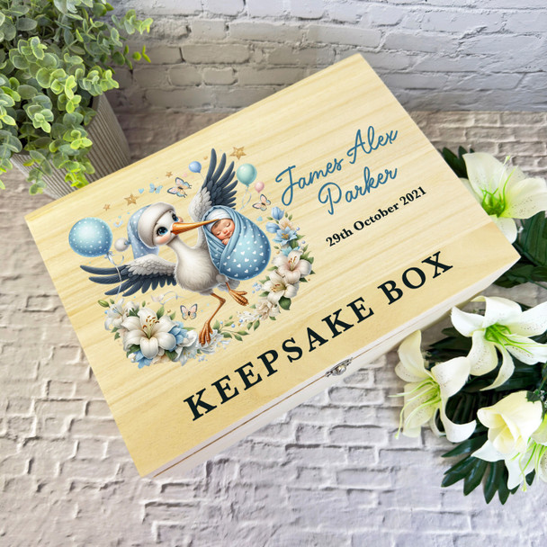 Blue Stork White Floral New Baby Boy Personalised Wooden Memory Keepsake Box