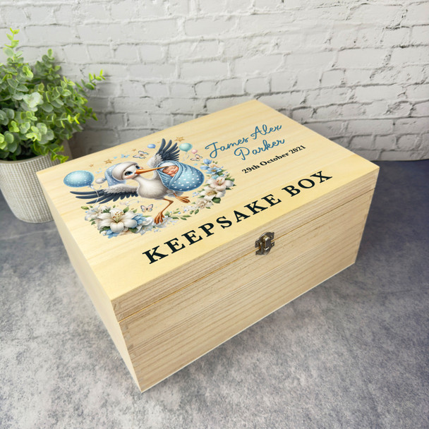 Blue Stork White Floral New Baby Boy Personalised Wooden Memory Keepsake Box