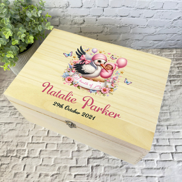 Pink Floral Stork Dark Skin New Baby Personalised Wooden Memory Keepsake Box