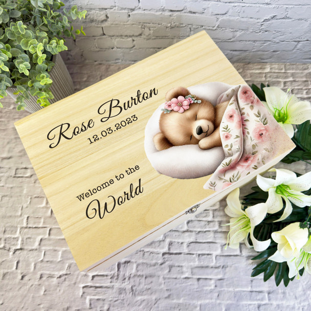 Pink Sleeping Teddy Blanket New Baby Personalised Wooden Memory Keepsake Box