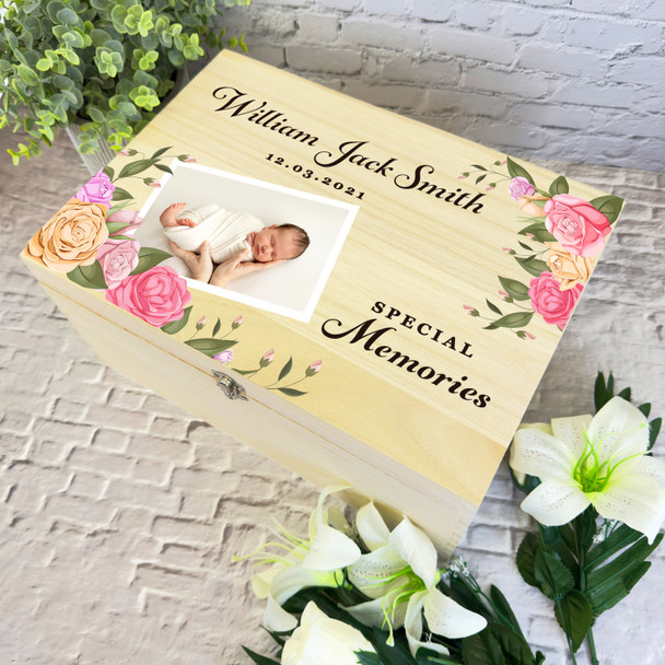 Roses Photo New Baby Memories Personalised Wooden Memory Keepsake Box