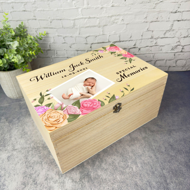 Roses Photo New Baby Memories Personalised Wooden Memory Keepsake Box