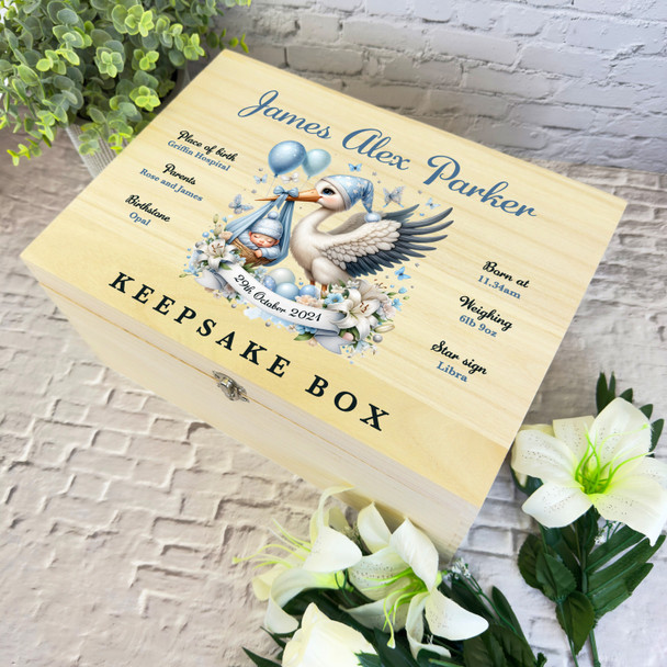 Baby Boy Blue Stork New Baby Personalised Storage Wooden Memory Keepsake Box