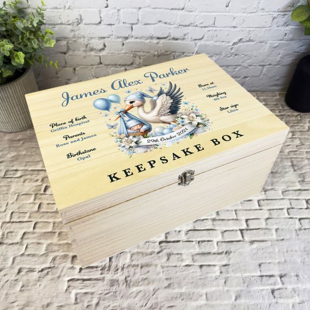 Baby Boy Blue Stork New Baby Personalised Storage Wooden Memory Keepsake Box