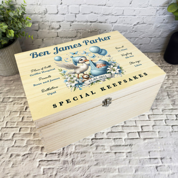 Baby Blue Floral Stork Floral New Baby Boy Personalised Wooden Keepsake Box