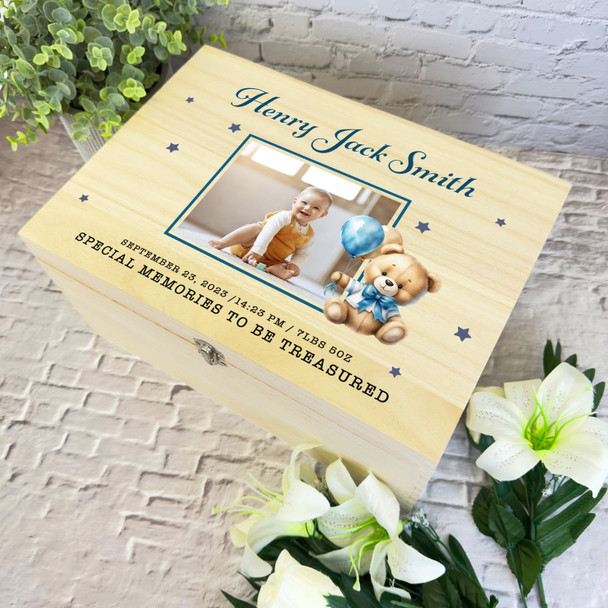 Teddy Bear Balloons Memories New Baby Boy Personalised Wooden Keepsake Box