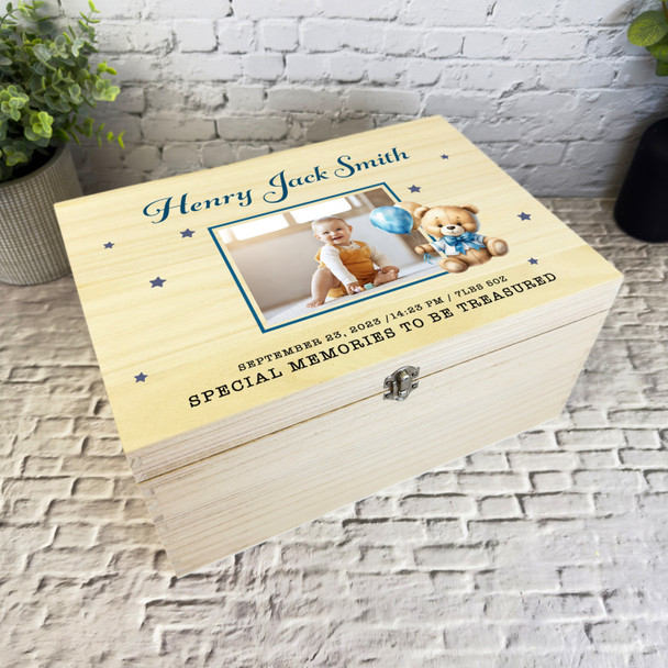 Teddy Bear Balloons Memories New Baby Boy Personalised Wooden Keepsake Box