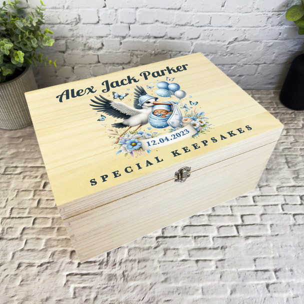 Blue White Stork Personalised New Baby Boy Personalised Wooden Keepsake Box