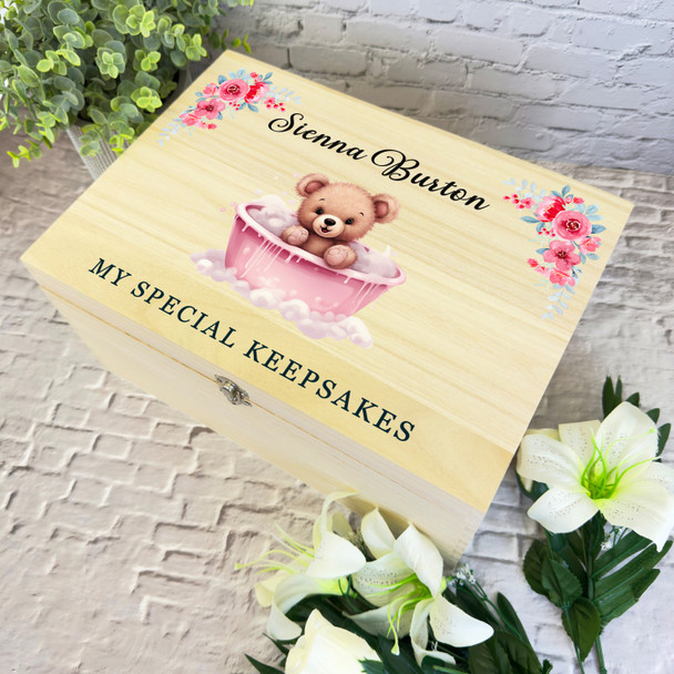 Teddy Bear Pink Bath Bathtub New Baby Girl Personalised Wooden Keepsake Box