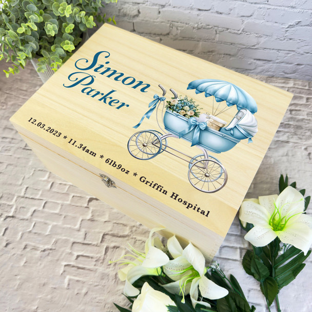 Vintage Blue Baby Pram Floral New Baby Boy Personalised Wooden Keepsake Box