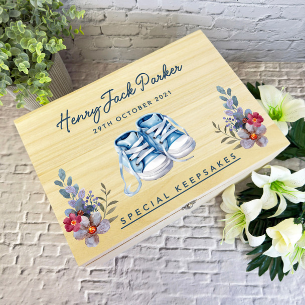 Baby Boy Blue Shoes Floral New Baby Personalised Wooden Memory Keepsake Box