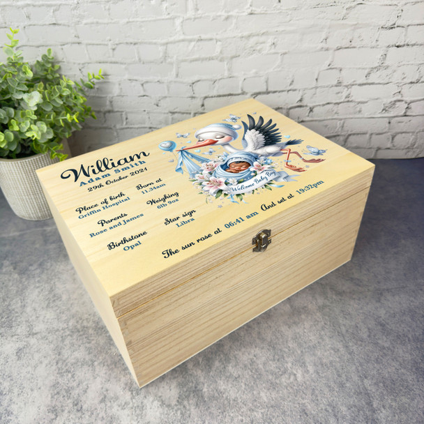 Blue Pink Floral Stork New Baby Boy Personalised Wooden Memory Keepsake Box